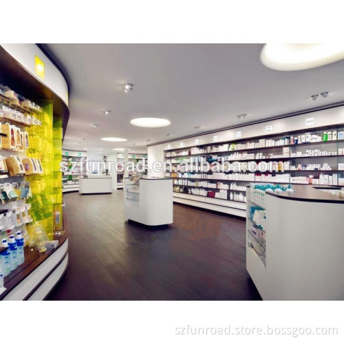 Retail Wooden Pharmacy Shop Interior Design Display Rack with Display Shelves